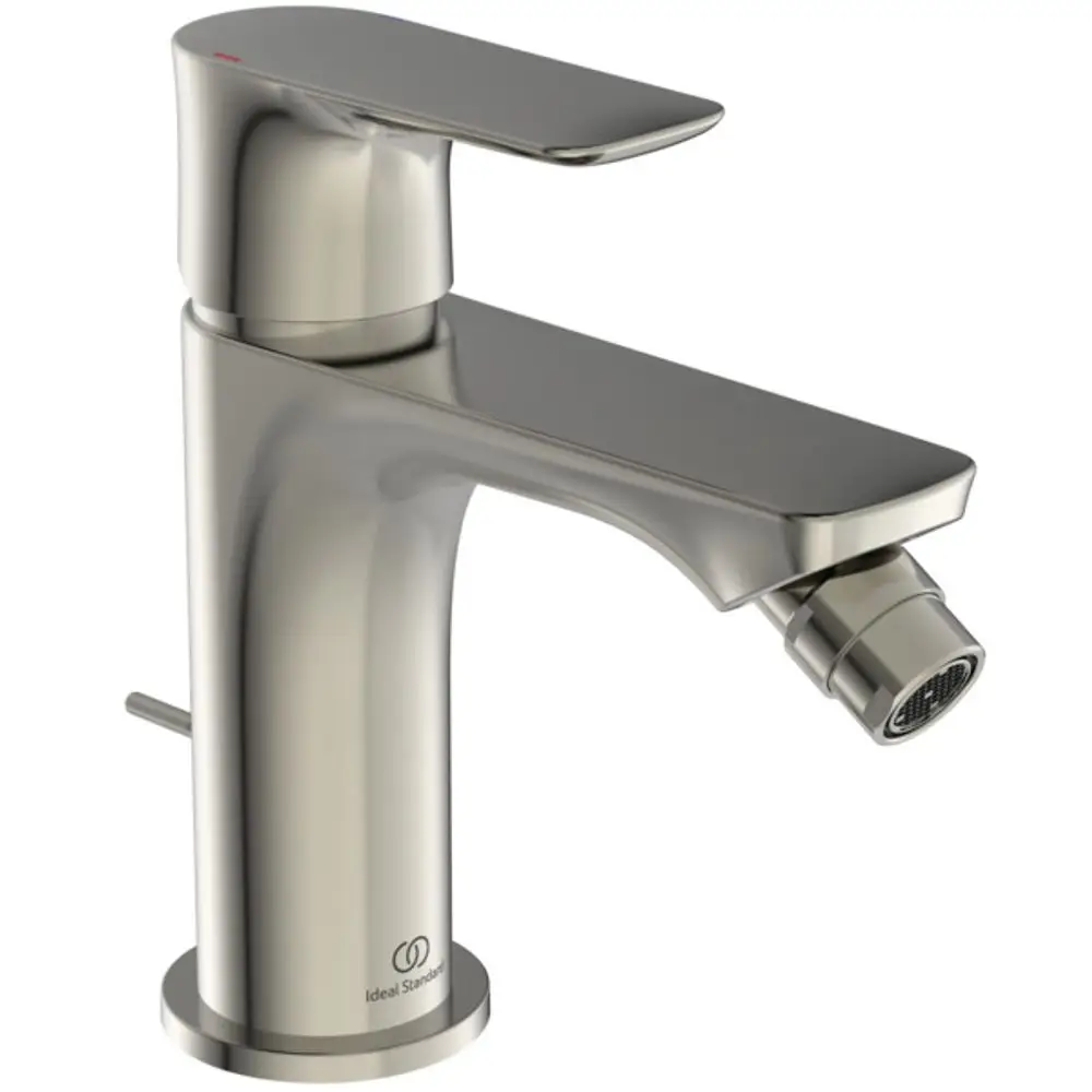 Bidetarmatur aus Edelstahl von Ideal Standard, mit einem schlanken Design und einem seitlichen Hebel zur Wasserregulierung. Auslauf mit integriertem Strahlregler.